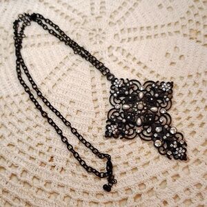 Big Black Ornate Cross Pearl Bead & Stone Necklace 14.5" w 1" Extender